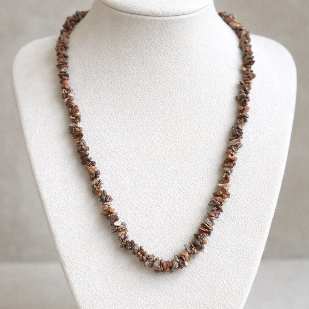 Leopard Skin Jasper Chips Necklace, Natural Stones, Brown, 80’s vintage